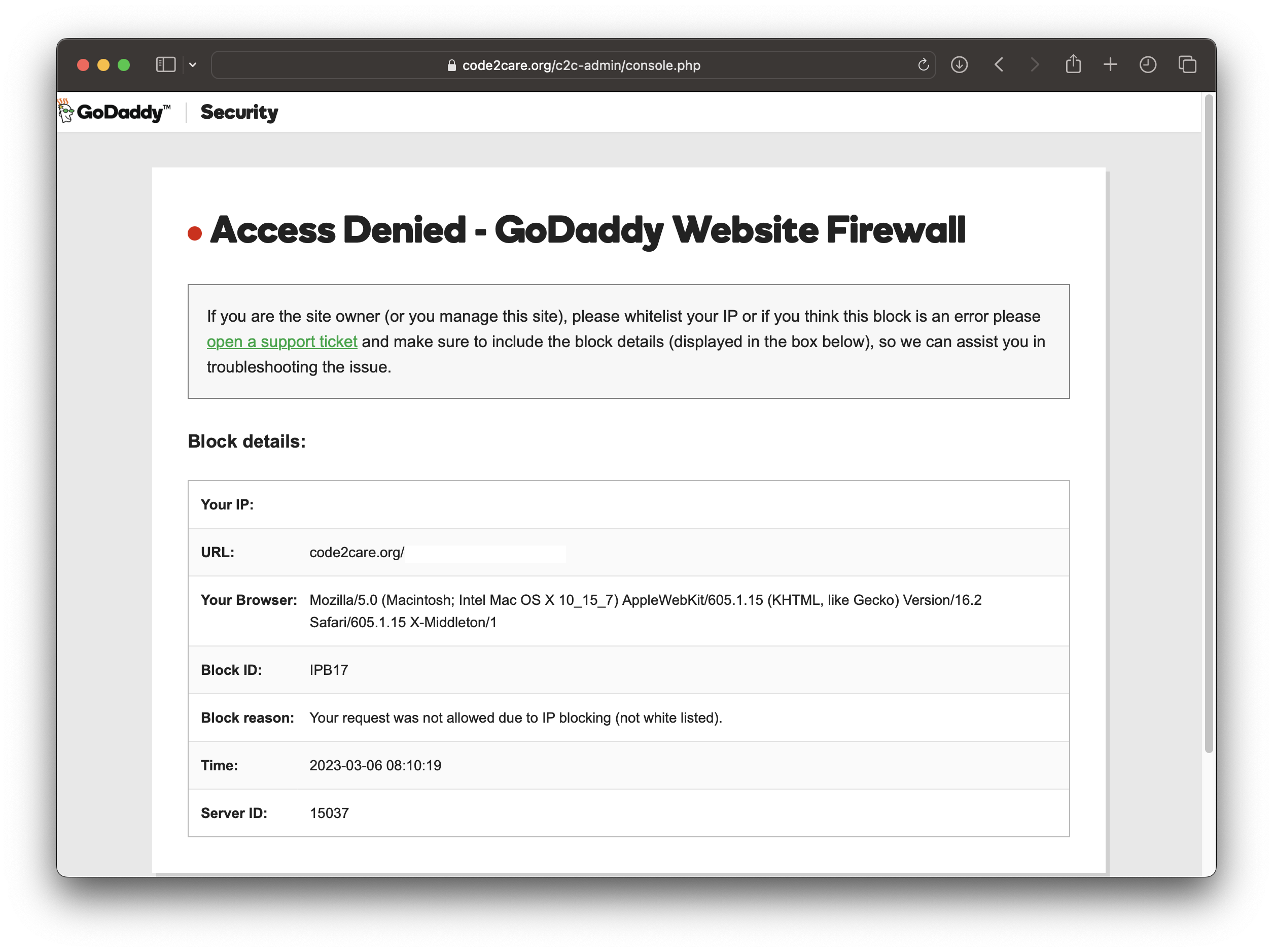 Error - IP Access Denied - GoDaddy Website Firewall